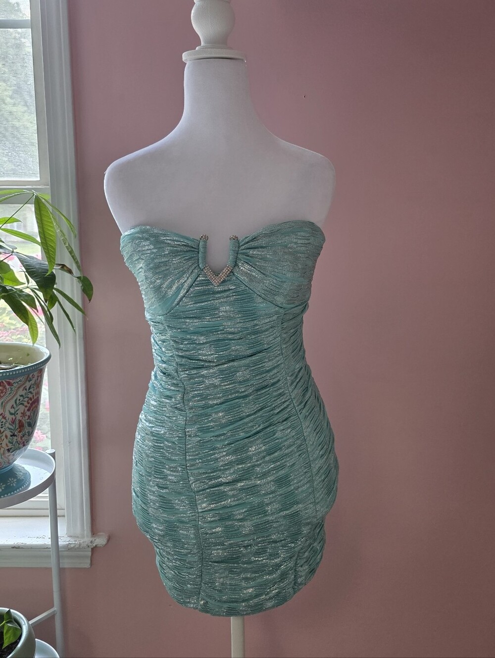 Sequin Hearts aqua metallic ruched strapless mini dress S